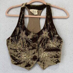LENNI Vest Womens Medium Brown Velvet Sequin Embroidered Floral Boho Cropped